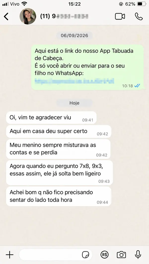 Print de WhatsApp: mãe conta que o filho misturava as contas e agora responde ligeiro, sem ela precisar sentar do lado